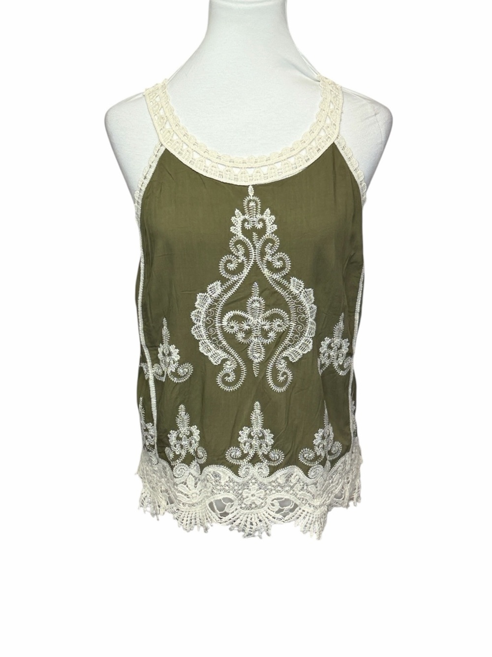 Ultra Pink Lace-Trim Olive Embroidered Halter Tank Top